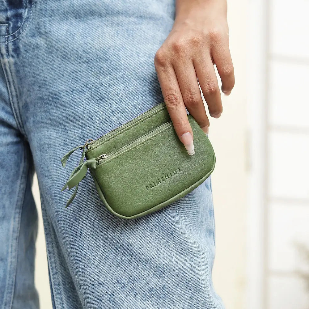 Green leather pouch with 'PRIMEHIDE' branding on a white background