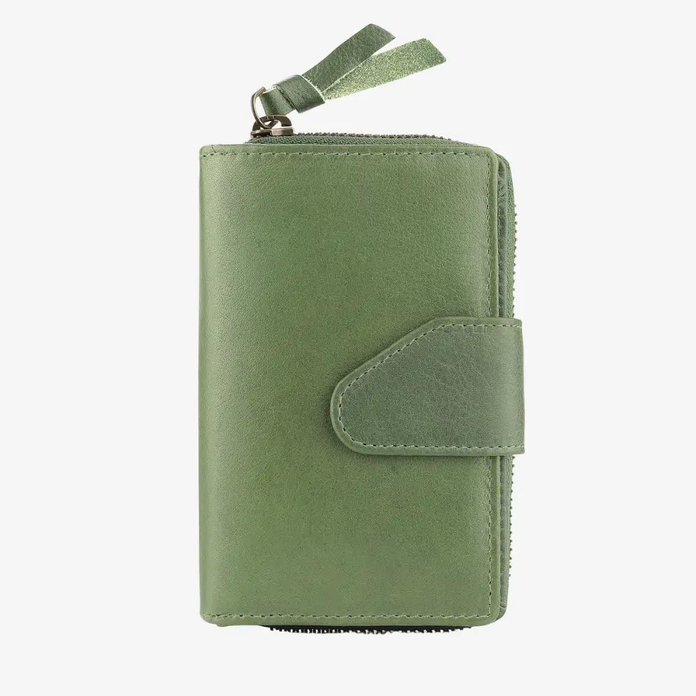Green Renata bifold purse in washed Cancun leather finish