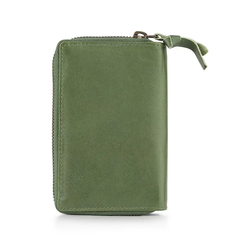 Back view of Green  Renata leather bifold purse in washed Cancun finish