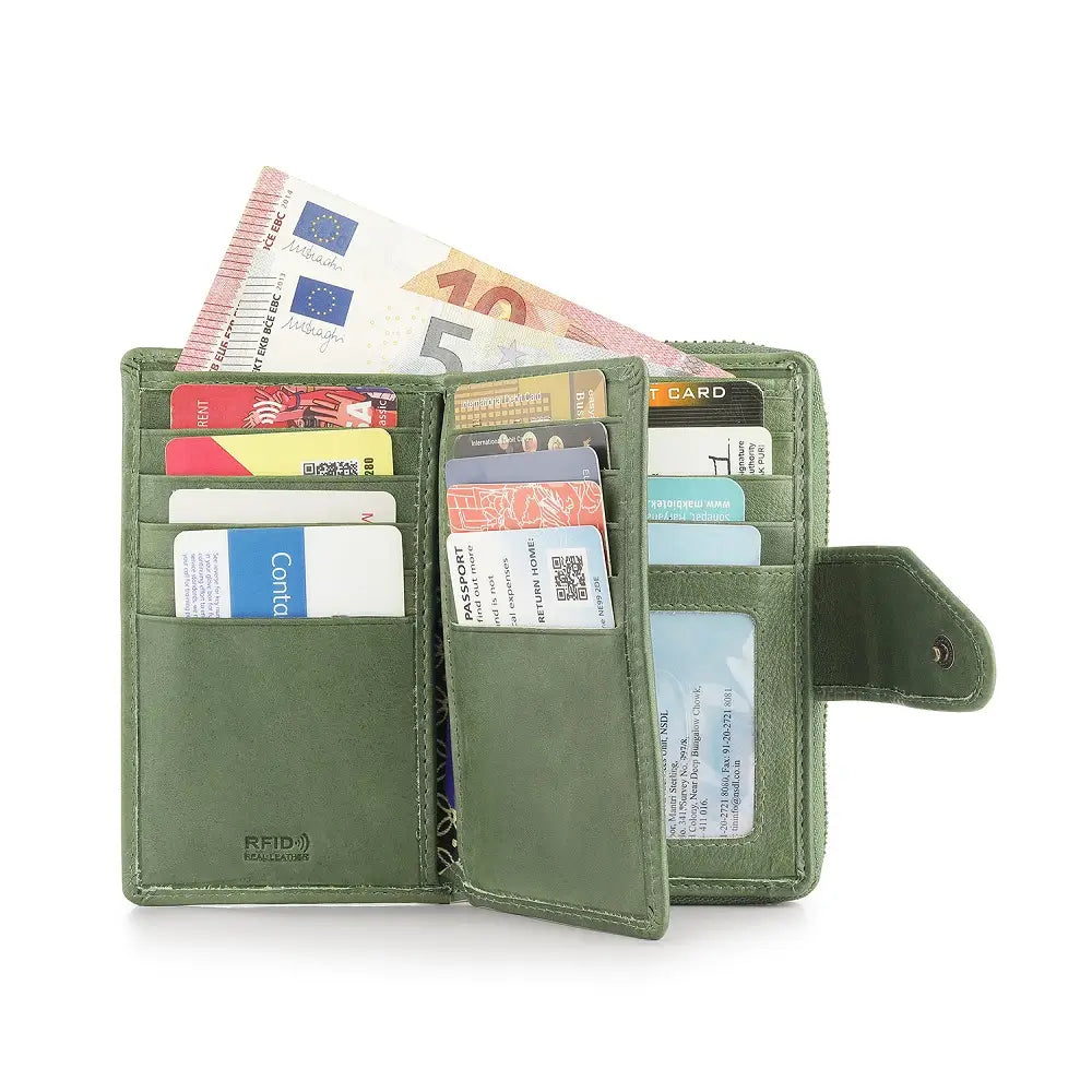 Interior of Green Renata bifold purse showing card slots and compartments with RFID protection