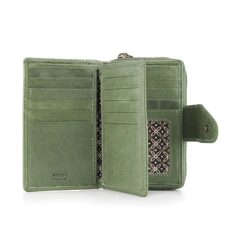 Detail of RFID protected card slots inside Green  Renata bifold purse