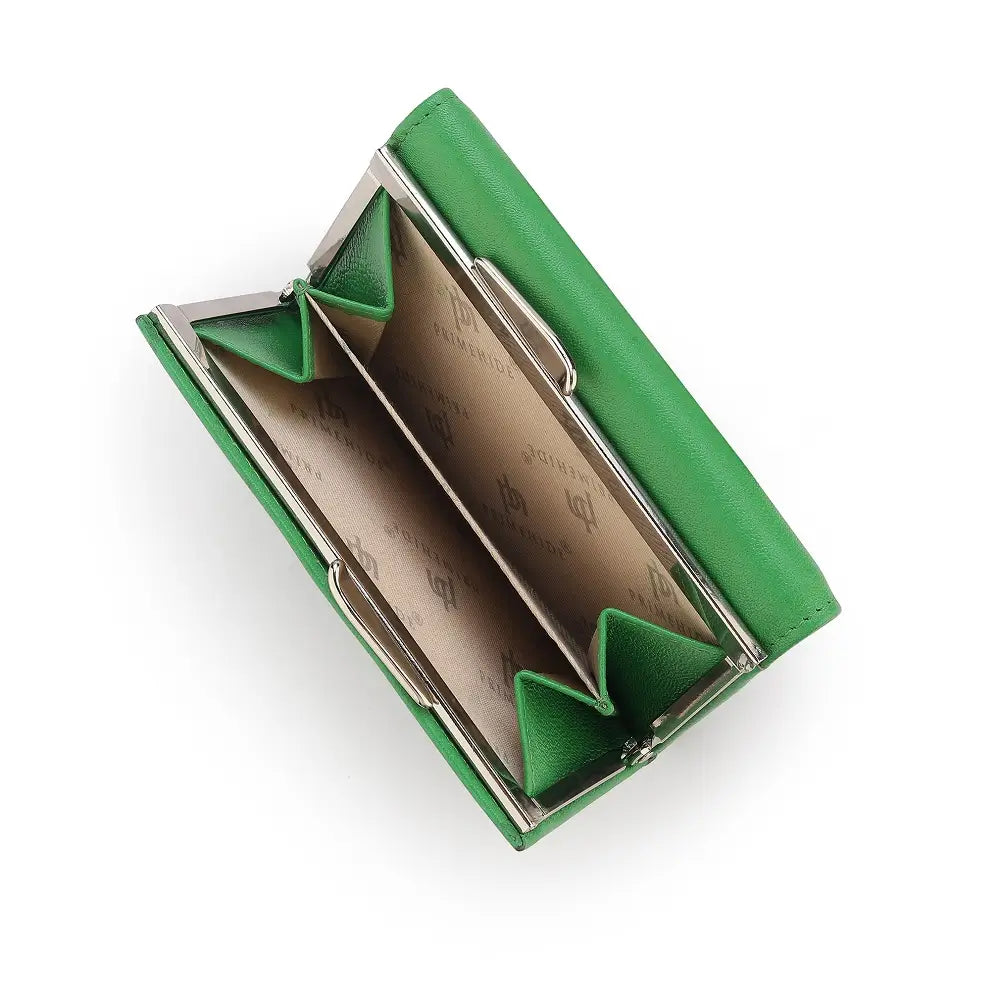 Green clutch bag with a silver clasp on a white background