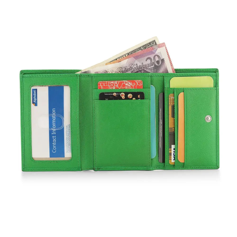 Green wallet with various cards and money on a white background