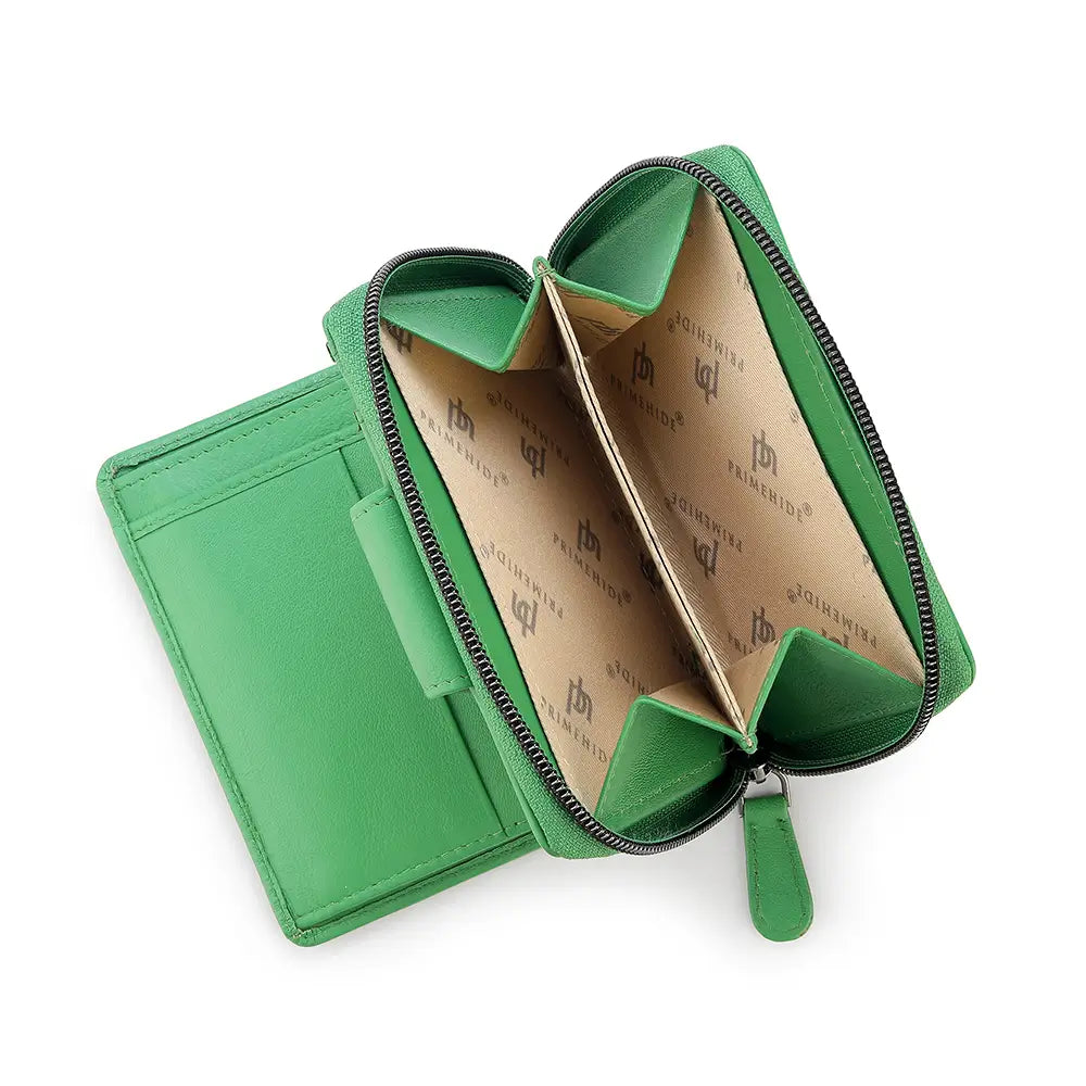 Green wallet with open design on a white background