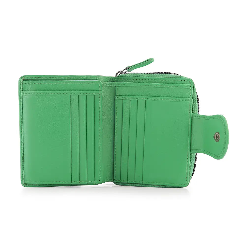 Green wallet with a zipper on a white background