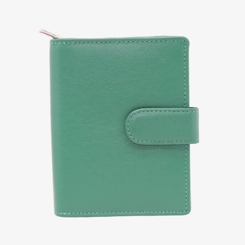 Green leather purse with a strap on a white background