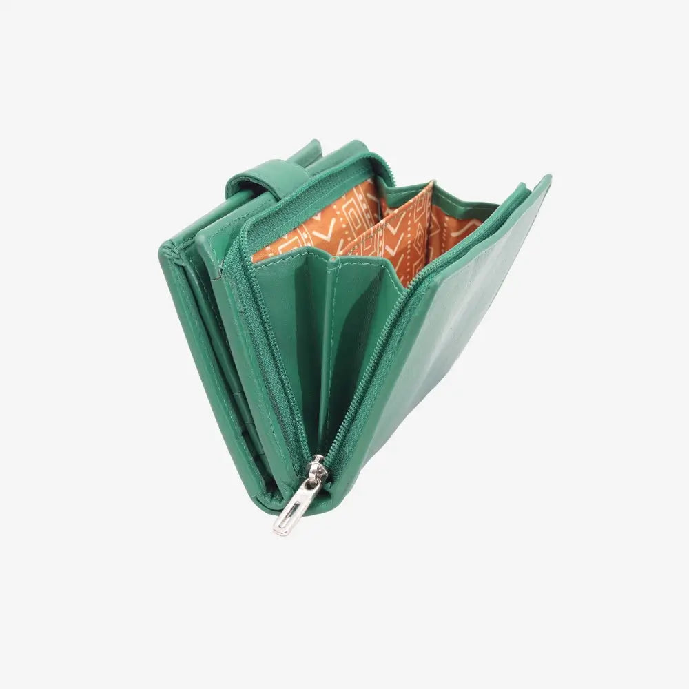 Green wallet with a zipper on a white background