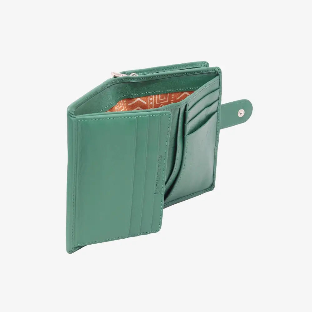 Green wallet with a card holder on a white background