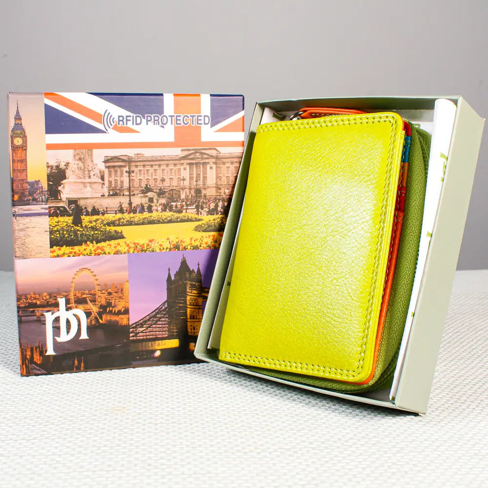 Green wallet with British-themed packaging on a gray surface