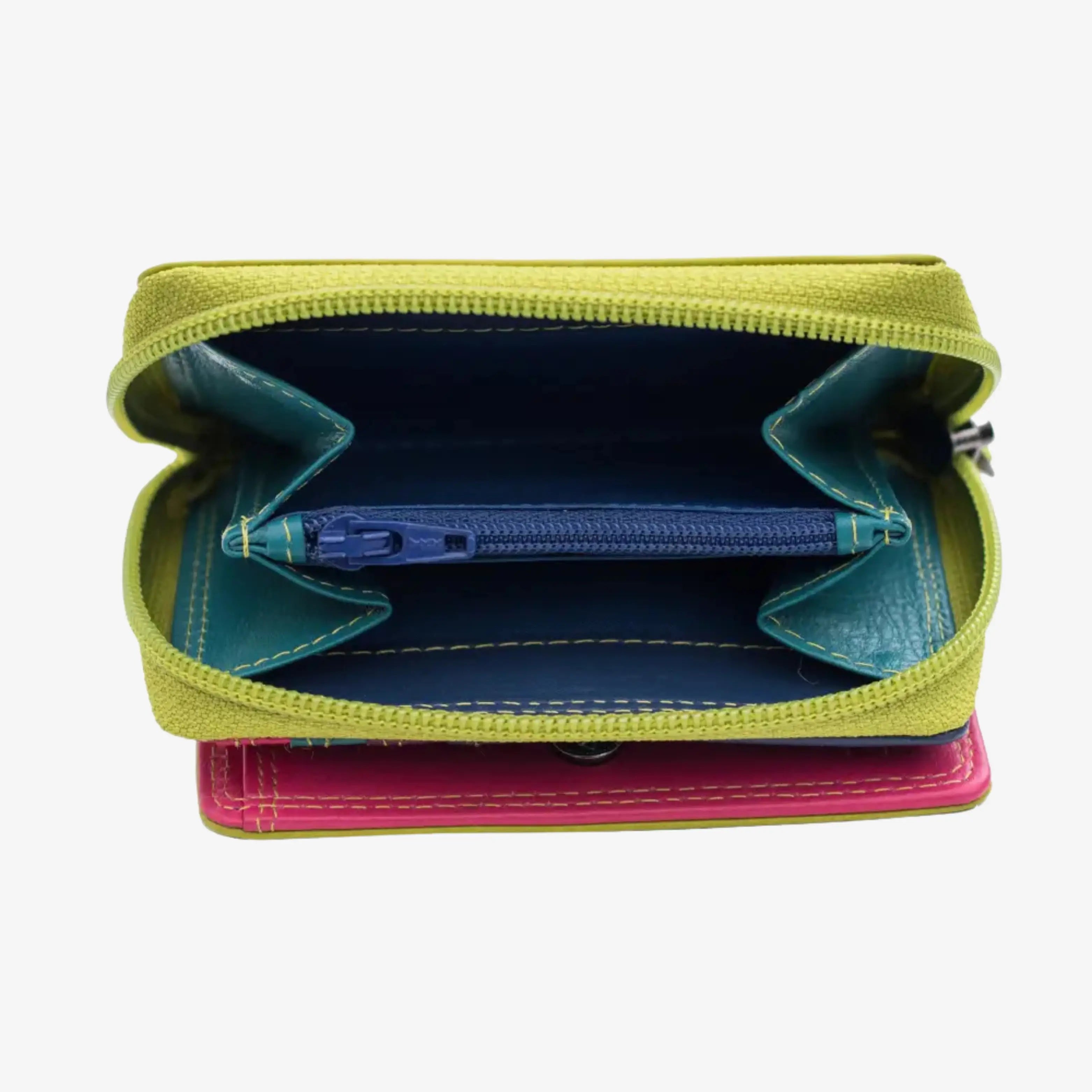 An open green leather zippered wallet shown from above, revealing a blue interior, teal lining, and a pink wallet partially visible underneath on a white background.