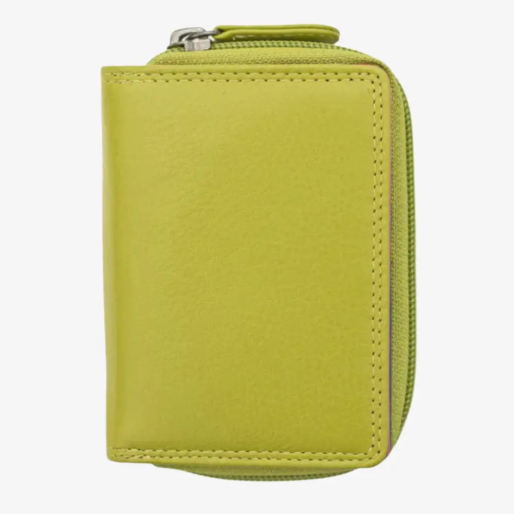 A green zip-around wallet made of textured leather, featuring a silver metal zipper pull and neat stitching on a plain white background.