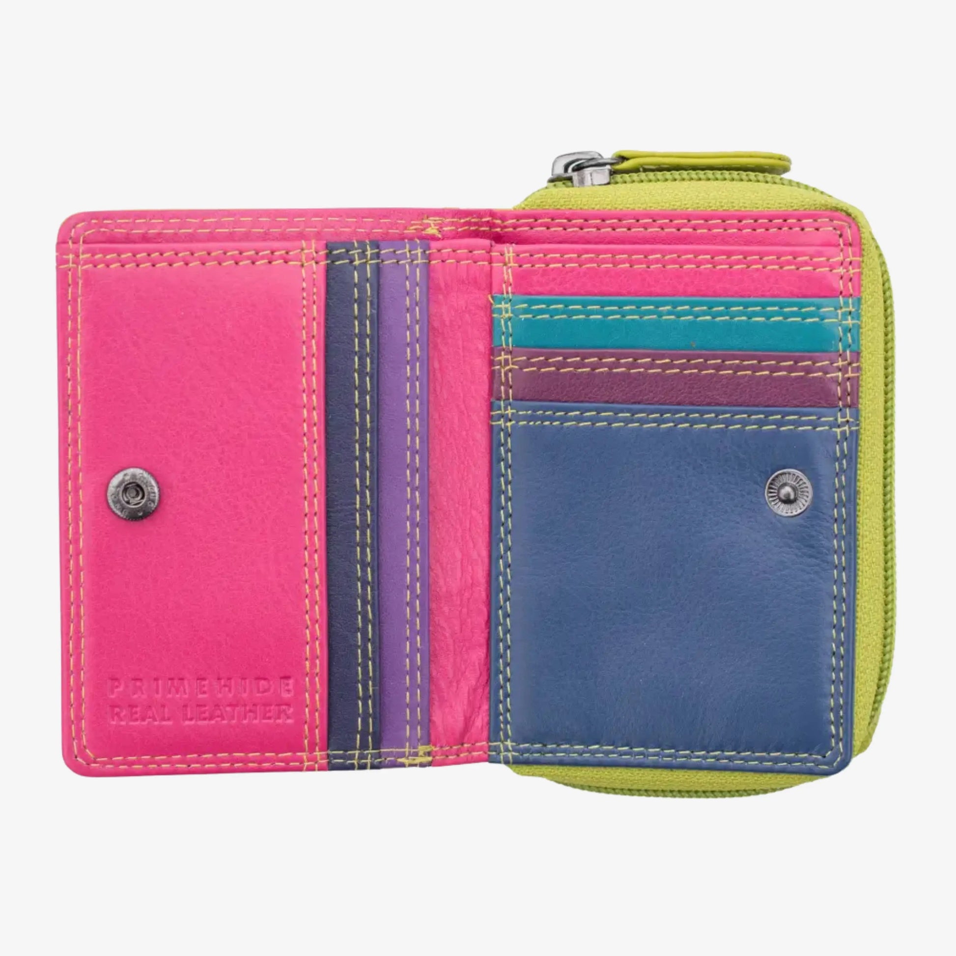 An open two-compartment leather wallet in a vibrant multicolor palette. The left compartment is hot pink with a silver snap button.