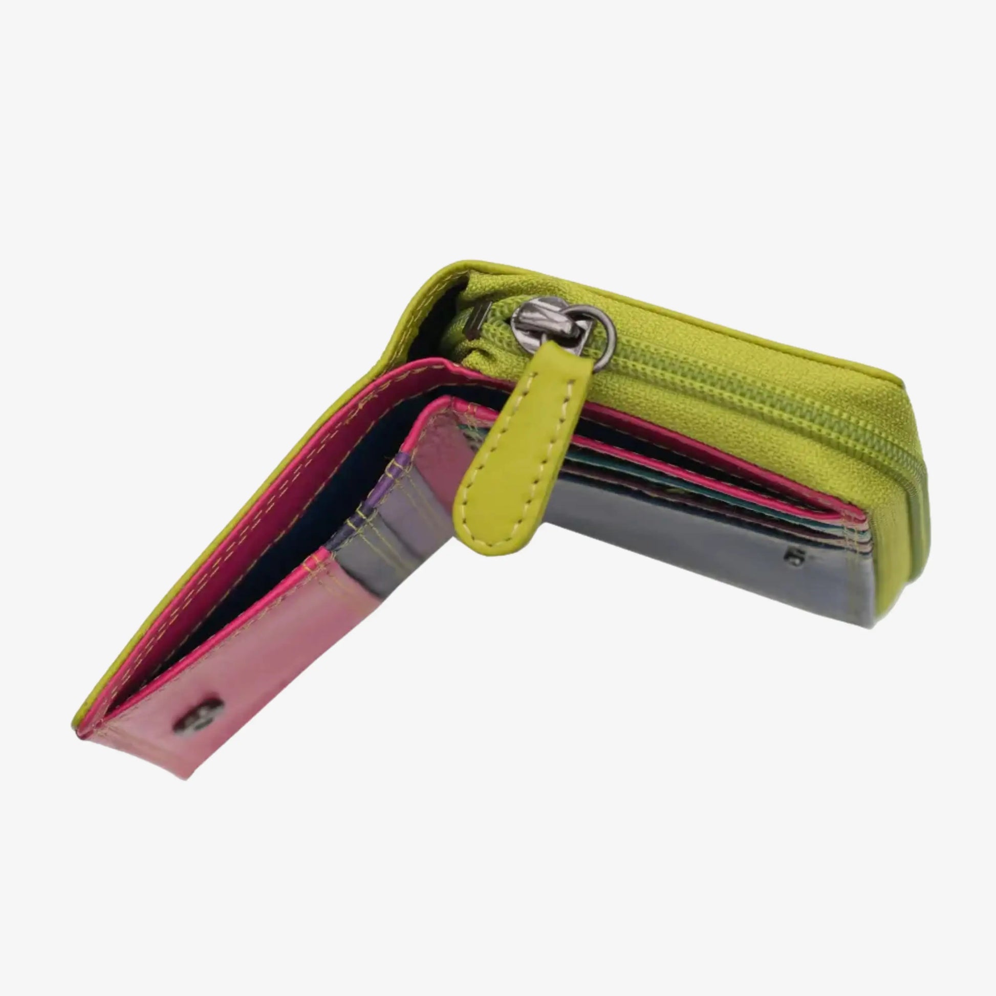 A green zippered card holder wallet shown open, revealing pink and gray card-like inserts inside, on a plain white background.