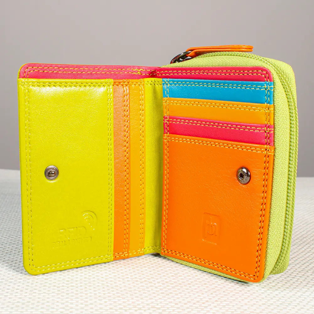 Green wallet with open design showing card slots on a neutral background