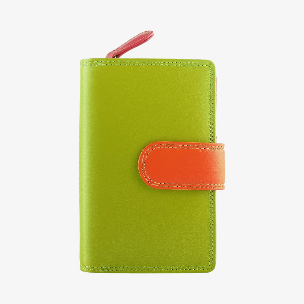 Green wallet with an orange buckle on a white background