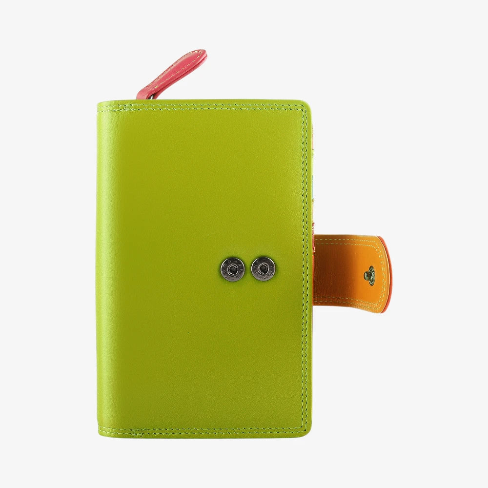 Green leather purse with a strap on a white background