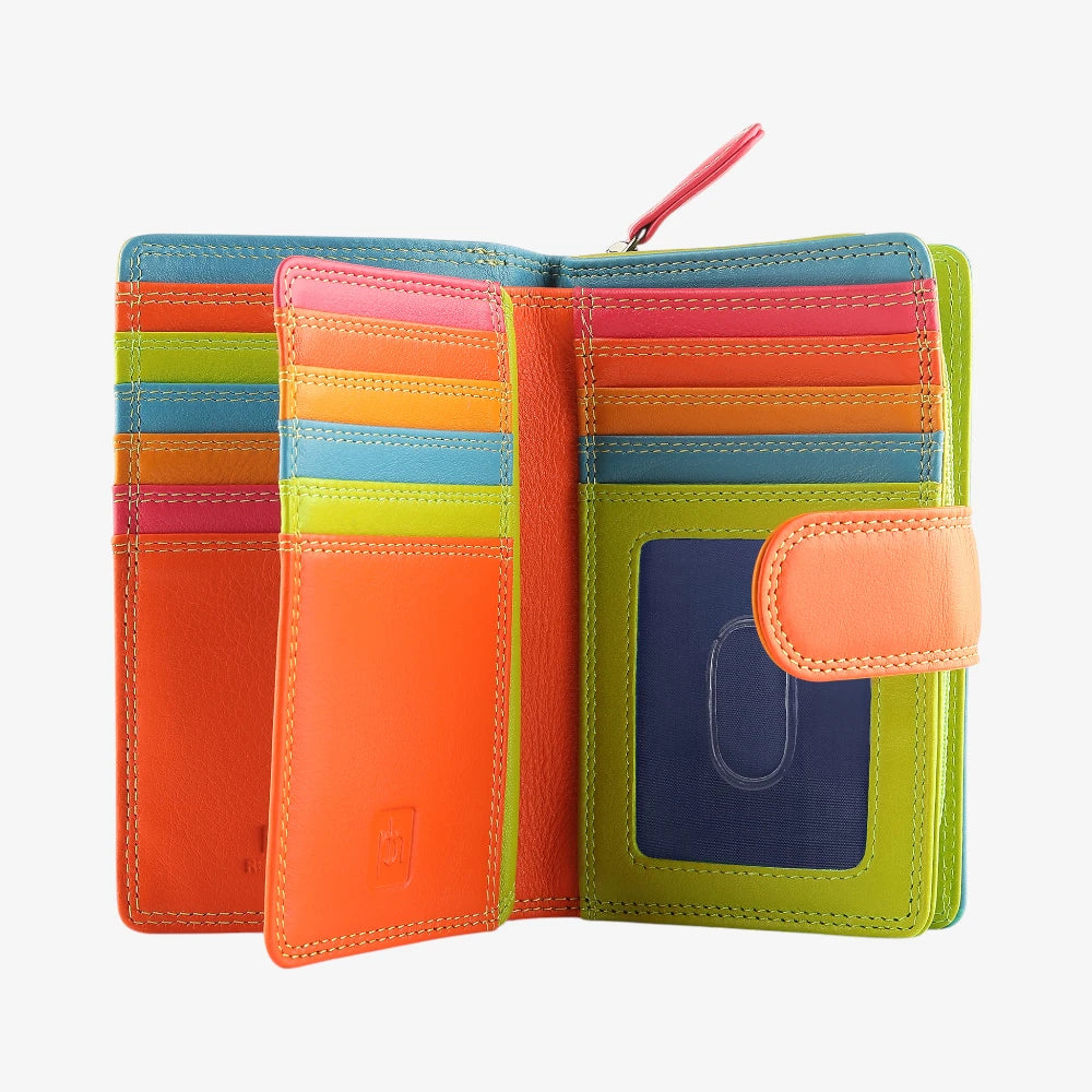Green wallet with multiple card slots on a white background