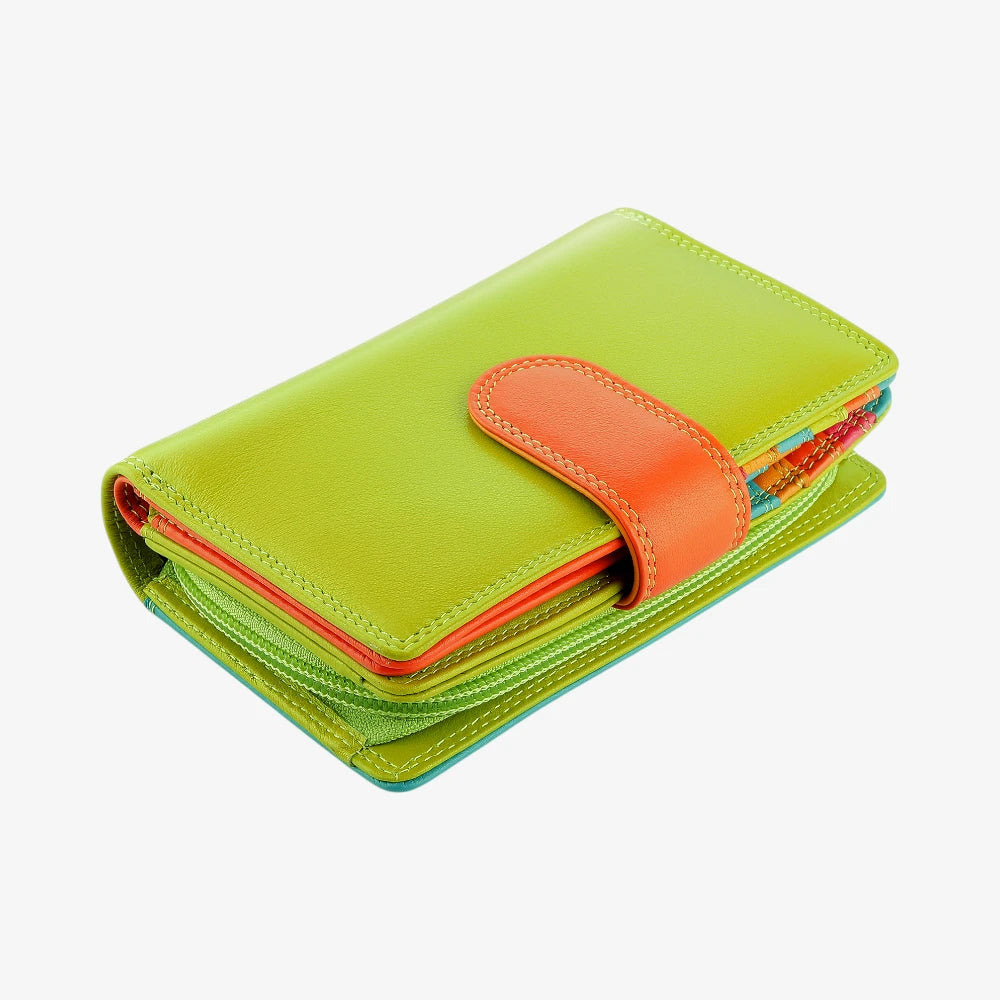 Green wallet with orange flap on a white background