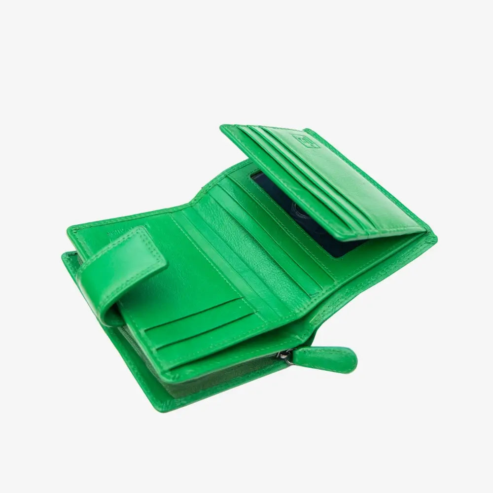 Open view of Green wallet on a white background