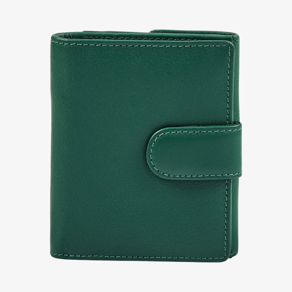Green ladies leather trifold wallet with buttoned coin pocket