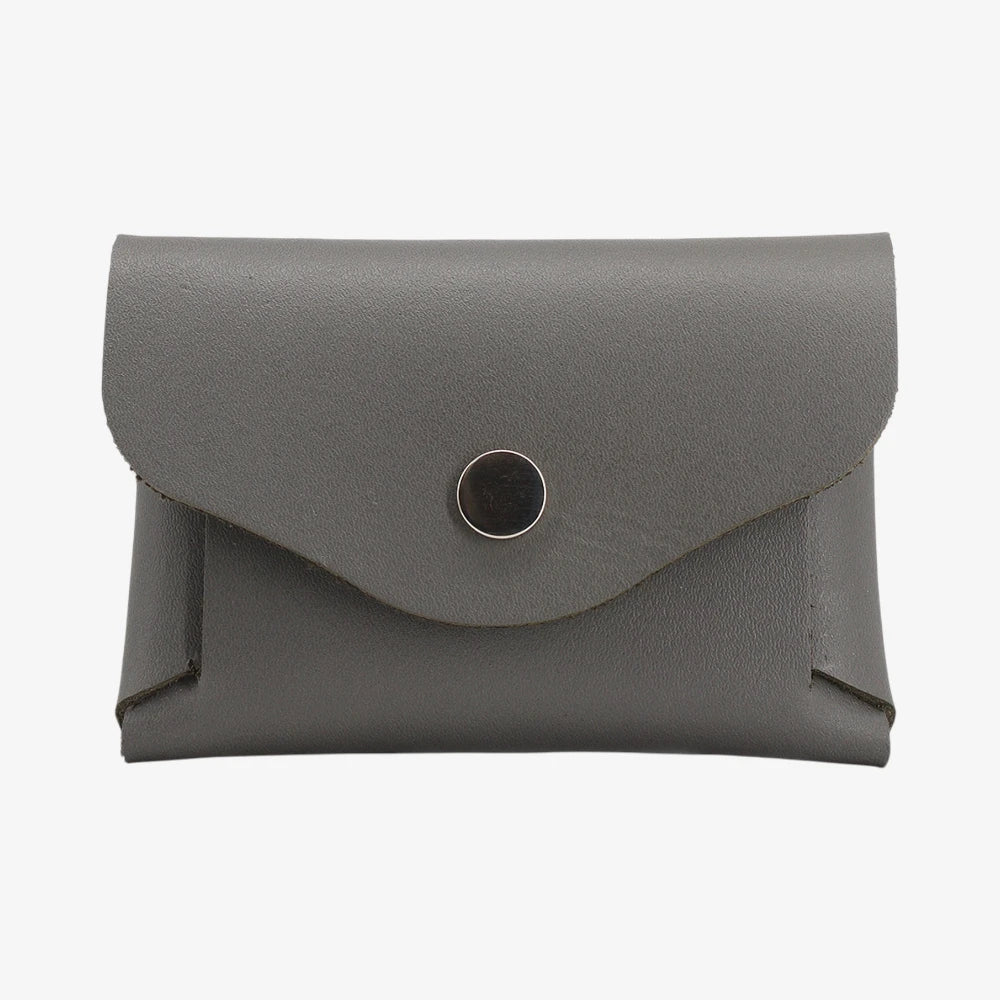 Grey leather coin purse with textured finish and snap button flap closure