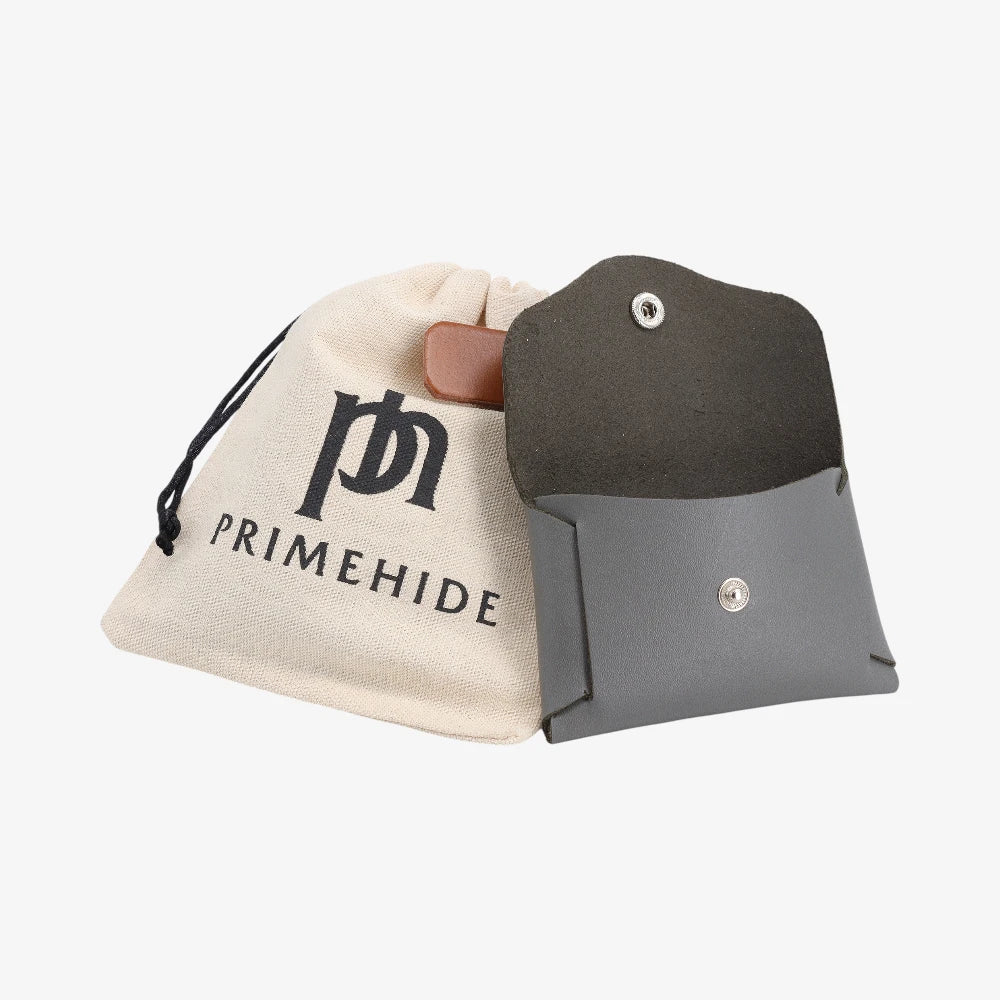 Grey leather coin purse open view with Primehide branded drawstring pouch