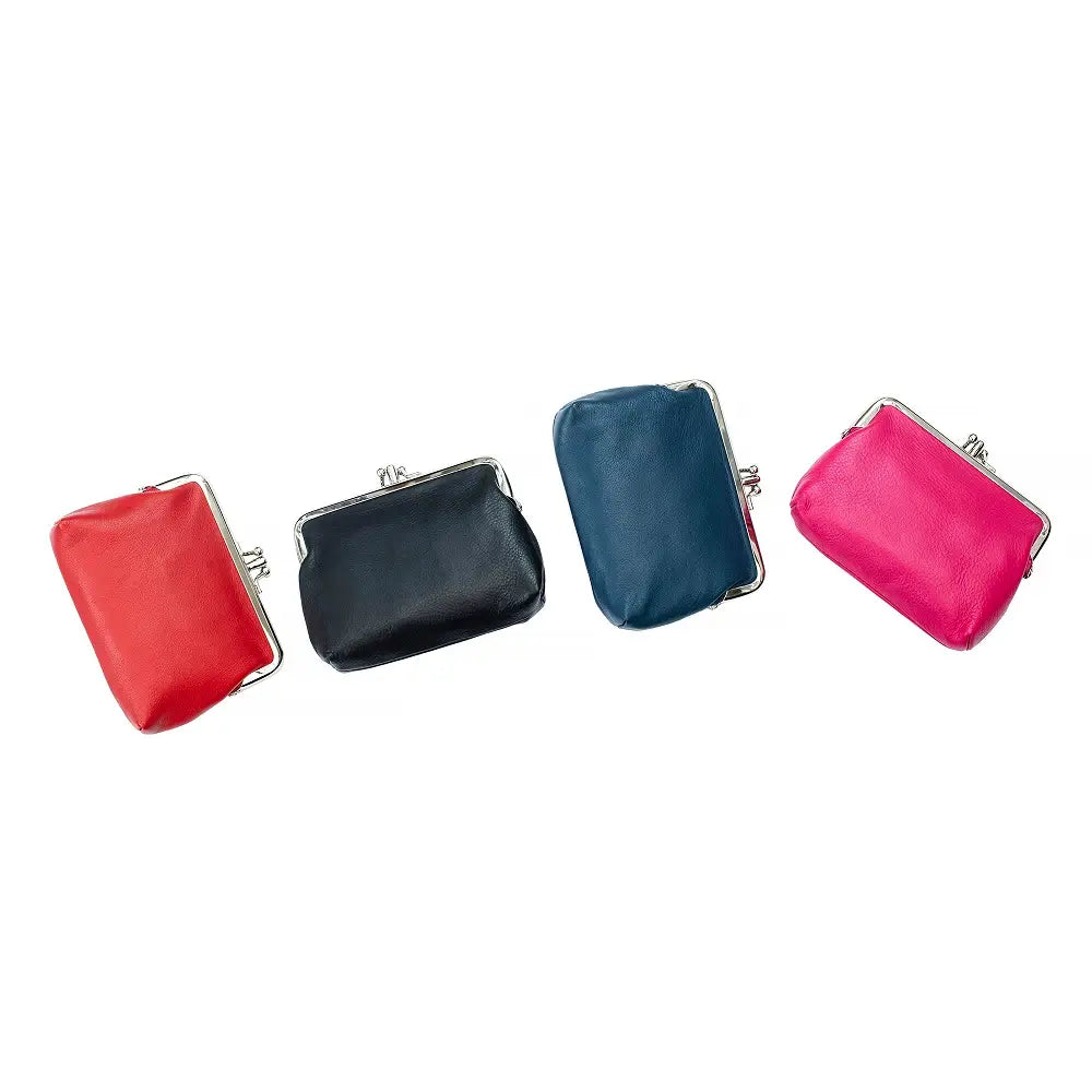 Four colorful purses (red, black, navy, Berry) on a white background