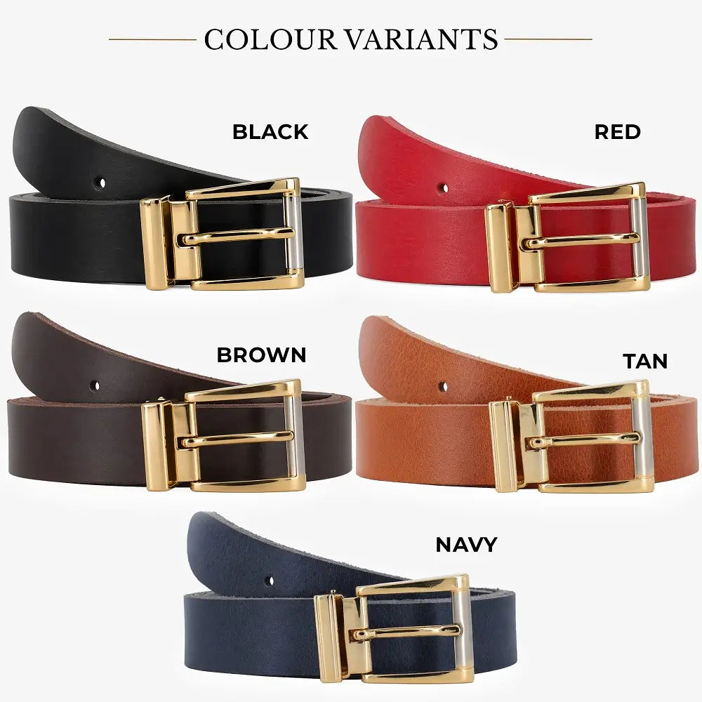 Collection of leather belts in black, red, brown, tan, and navy with gold buckles on a white background.
