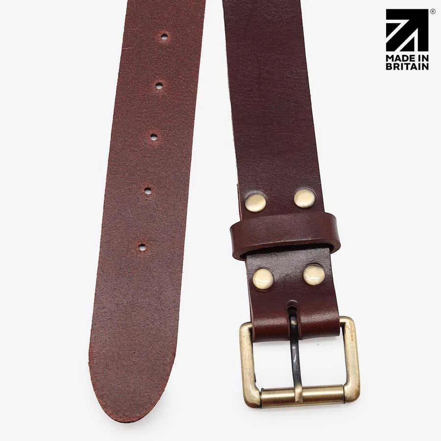 Full-length brown 35mm leather belt showing adjustment holes and pointed tip