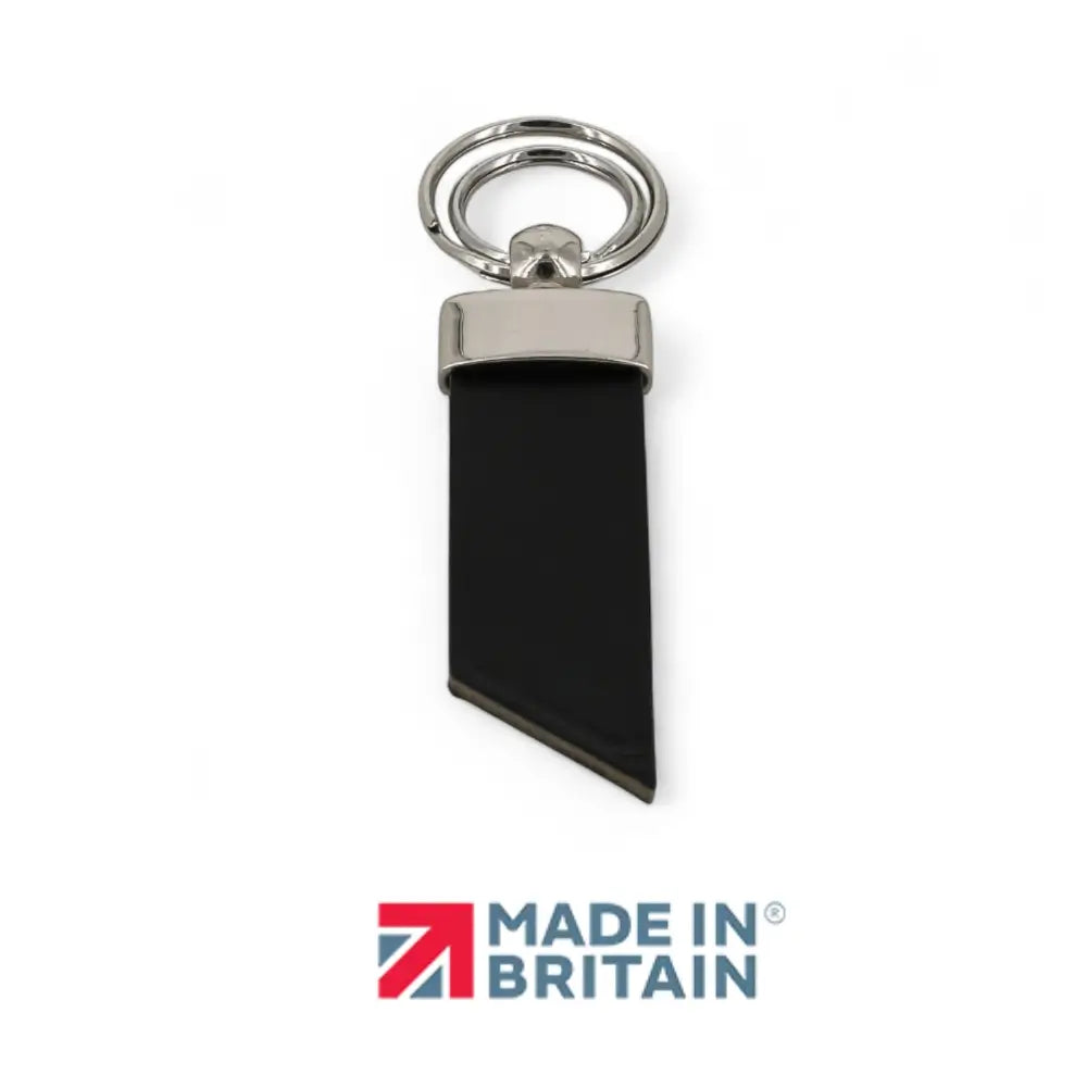 Black keychain with silver ring on a white background, featuring 'Made in Britain' logo.