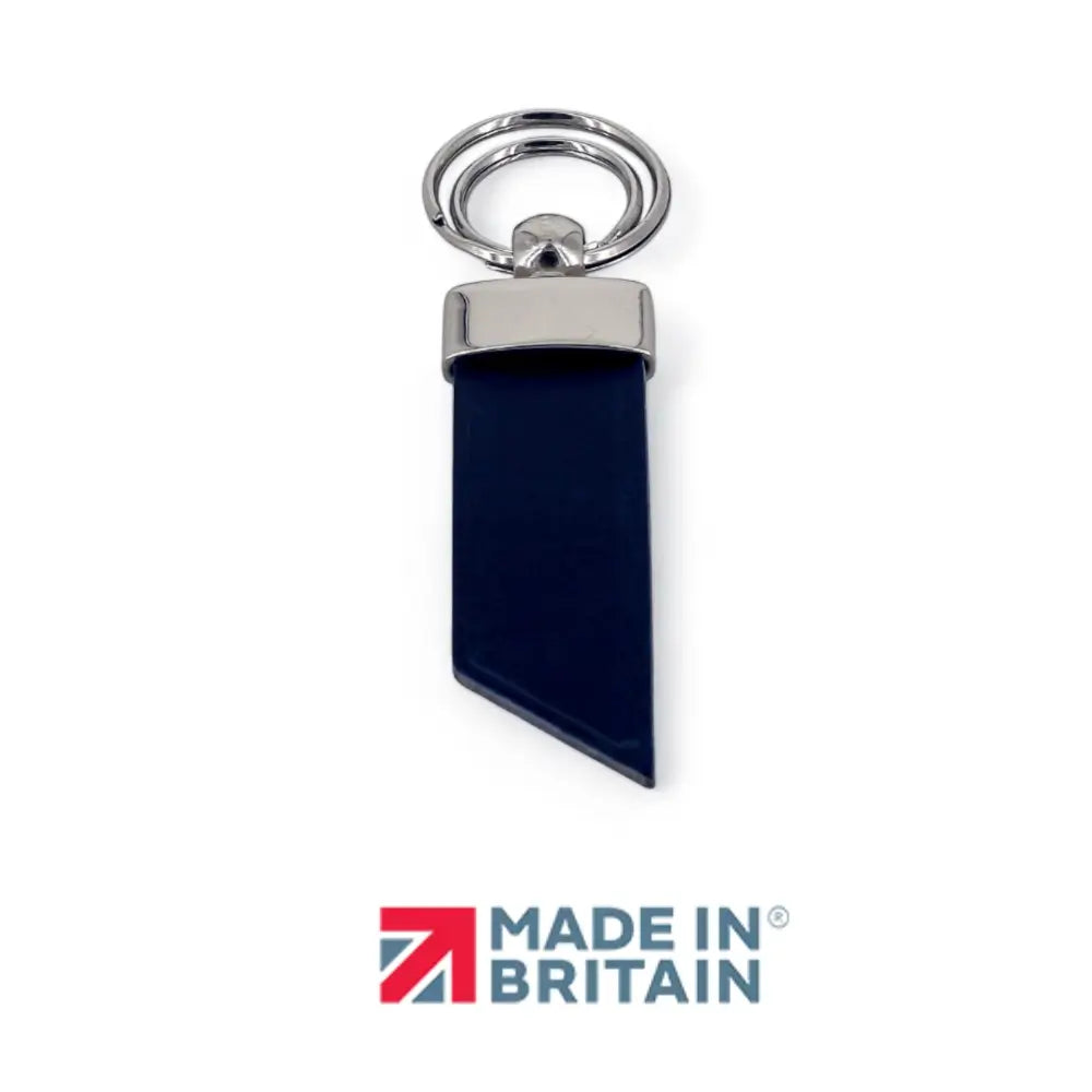 Keychain with navy triangular pendant and silver ring on a white background, featuring 'Made in Britain' logo.