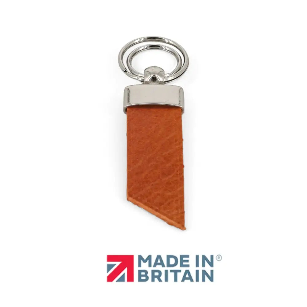 Brandy leather keychain with silver ring on a white background, featuring 'Made in Britain' logo.