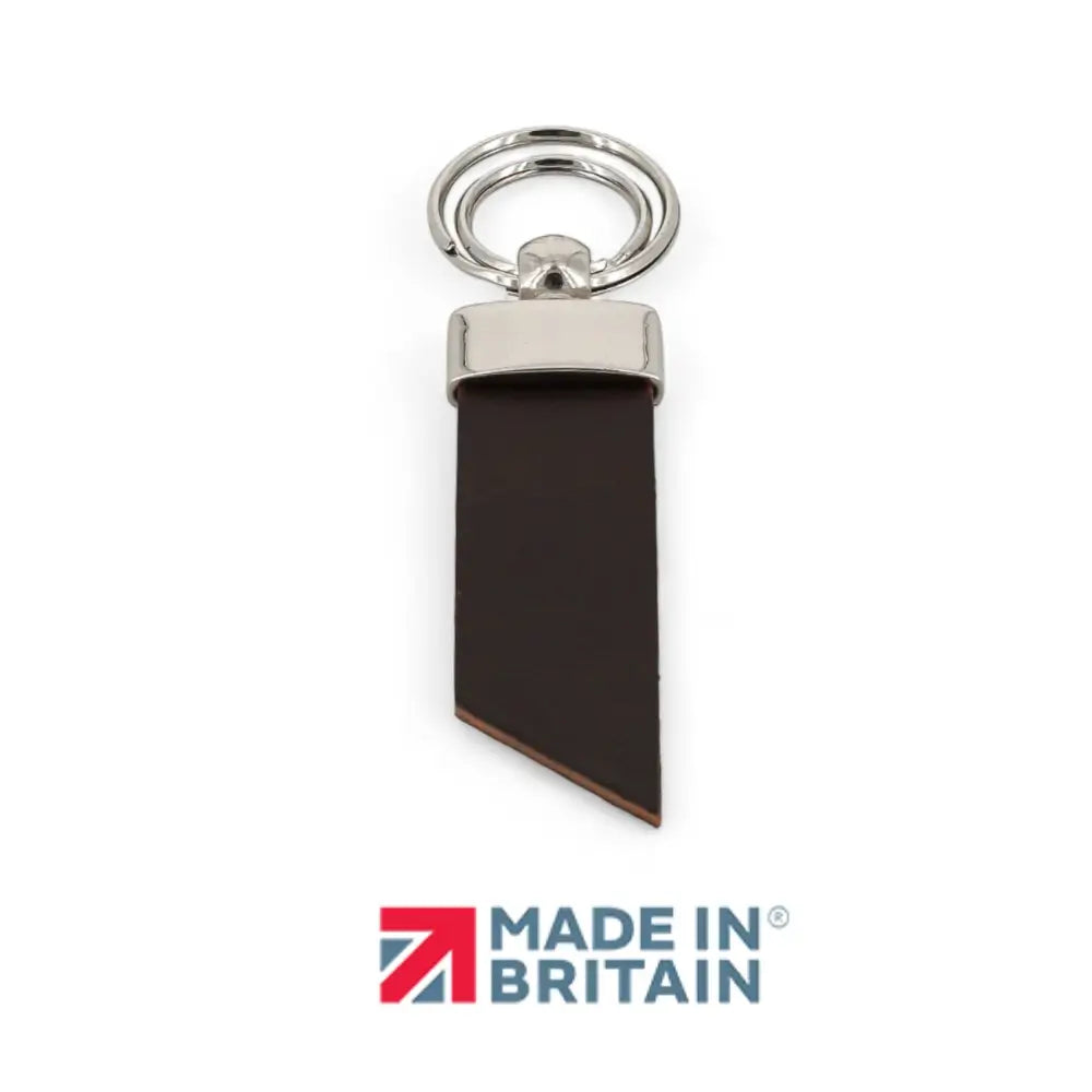 Brown leather keychain with silver ring on a white background, featuring 'Made in Britain' logo.