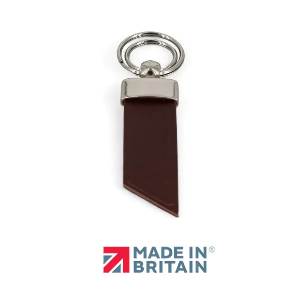 Chocolate leather keychain with silver ring on a white background, featuring 'Made in Britain' logo.