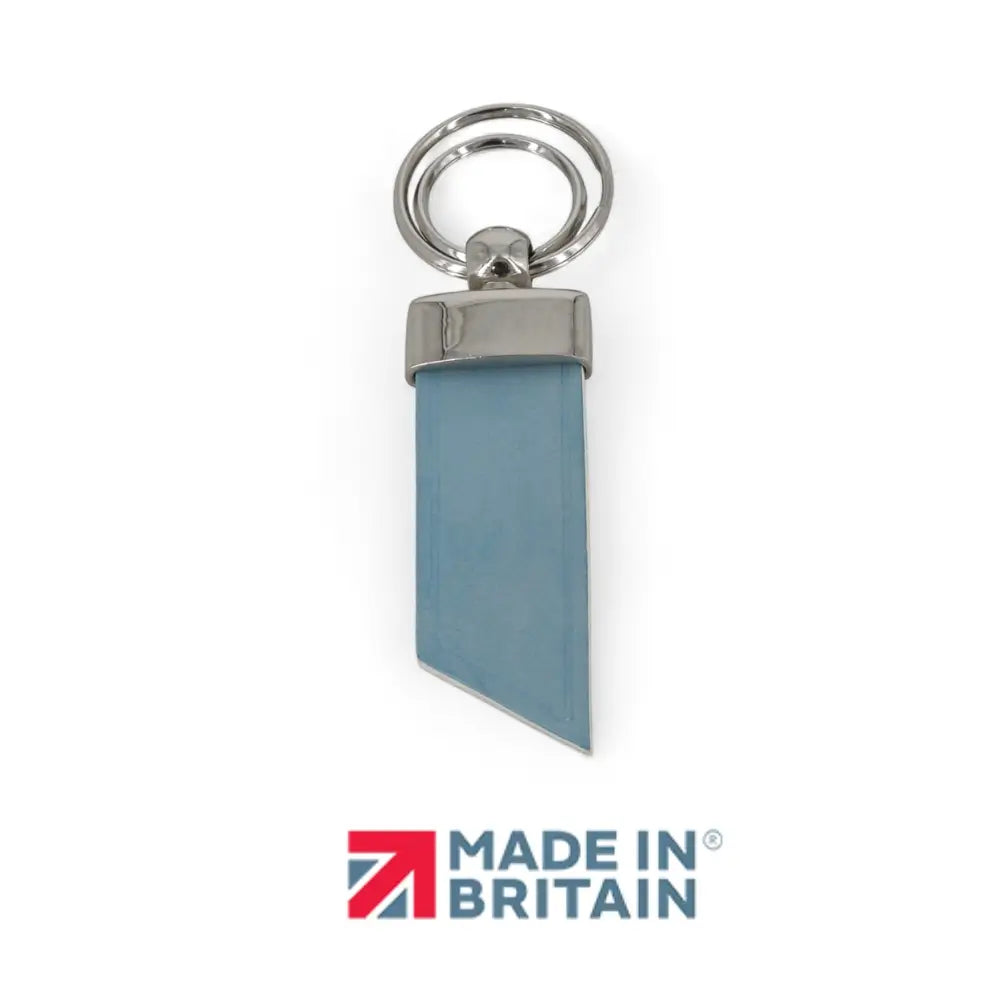 Keychain with blue triangular tag and silver ring on a white background, featuring 'Made in Britain' logo.