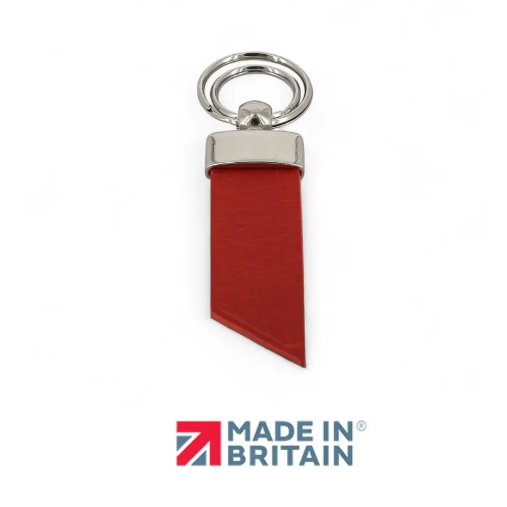 Red leather keychain with silver ring on a white background, featuring 'Made in Britain' logo.