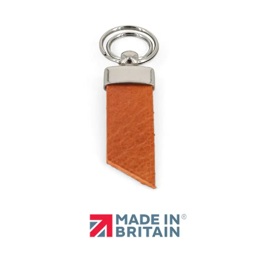 Tan leather keychain with silver ring on a white background, featuring 'Made in Britain' logo.