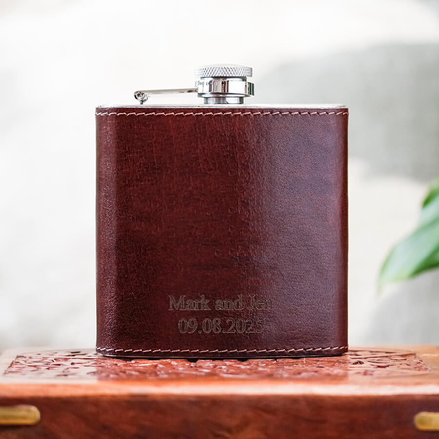 Stainless steel Hip flask with leather stitched wrap laser engraved personalised message
