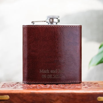 Stainless steel Hip flask with leather stitched wrap laser engraved personalised message