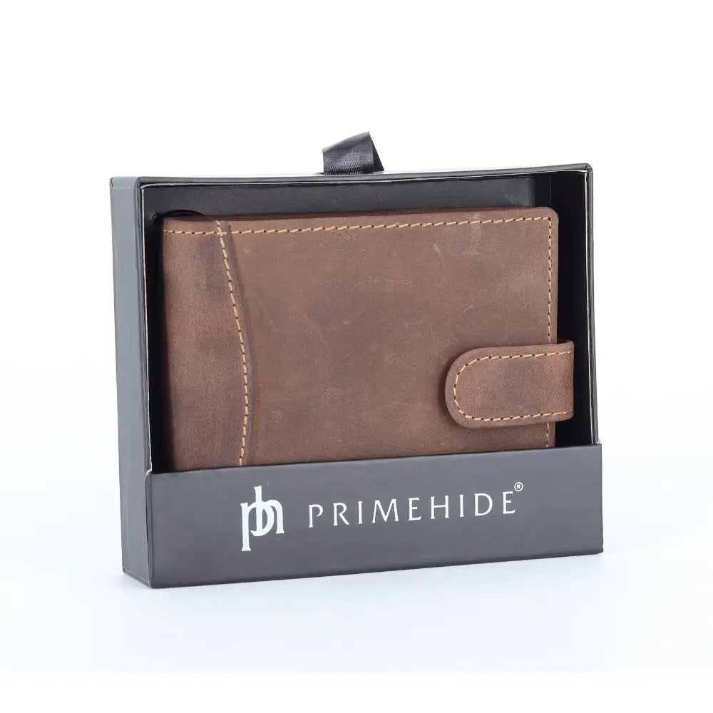 Hunter Brown leather wallet in PRIMEHIDE packaging on a white background
