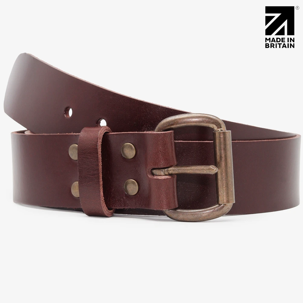 Italian full grain leather belt made in Britain with antique brass roller buckle