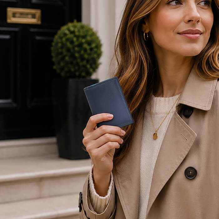 Blue Jade London real leather credit card holder front view in hand— PRIMEHIDE