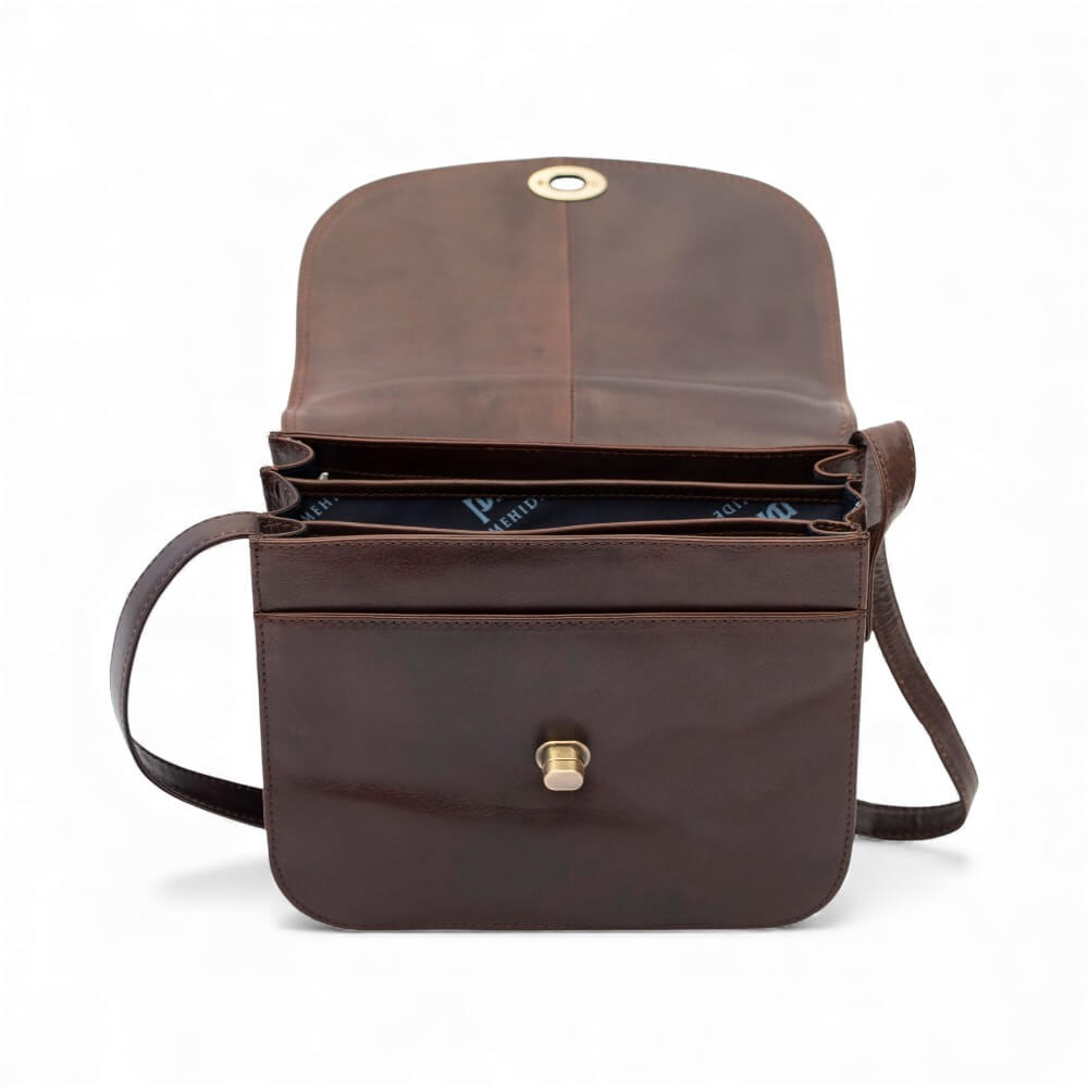 Large Triple-Compartment Leather Handbag - Elena Tuscan