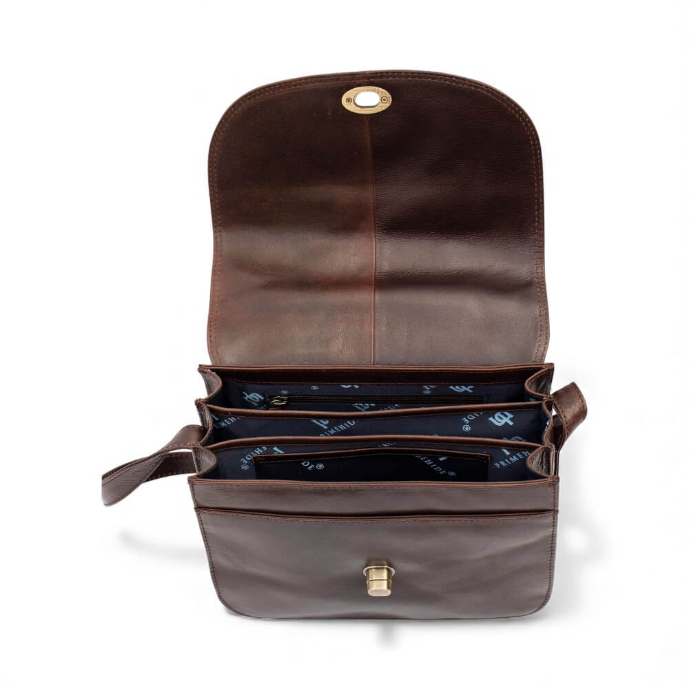 Large Triple-Compartment Leather Handbag - Elena Tuscan