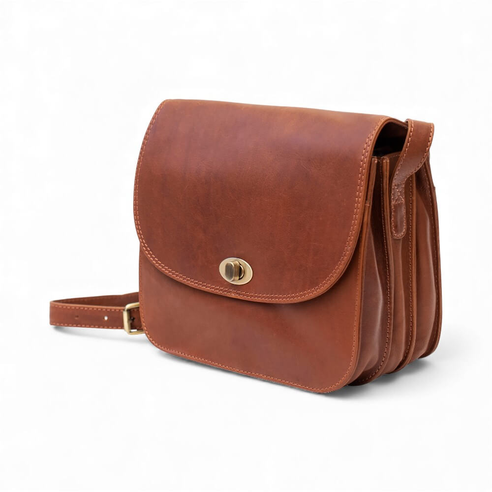 Large Triple-Compartment Leather Handbag - Elena Tuscan