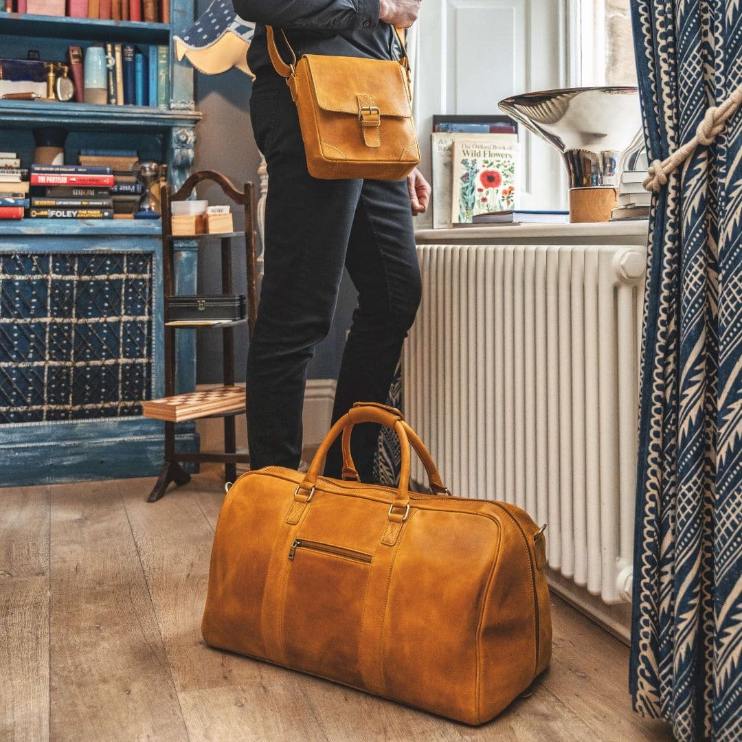Large Leather Duffle Bag Columbia Yellow Lifestyle view