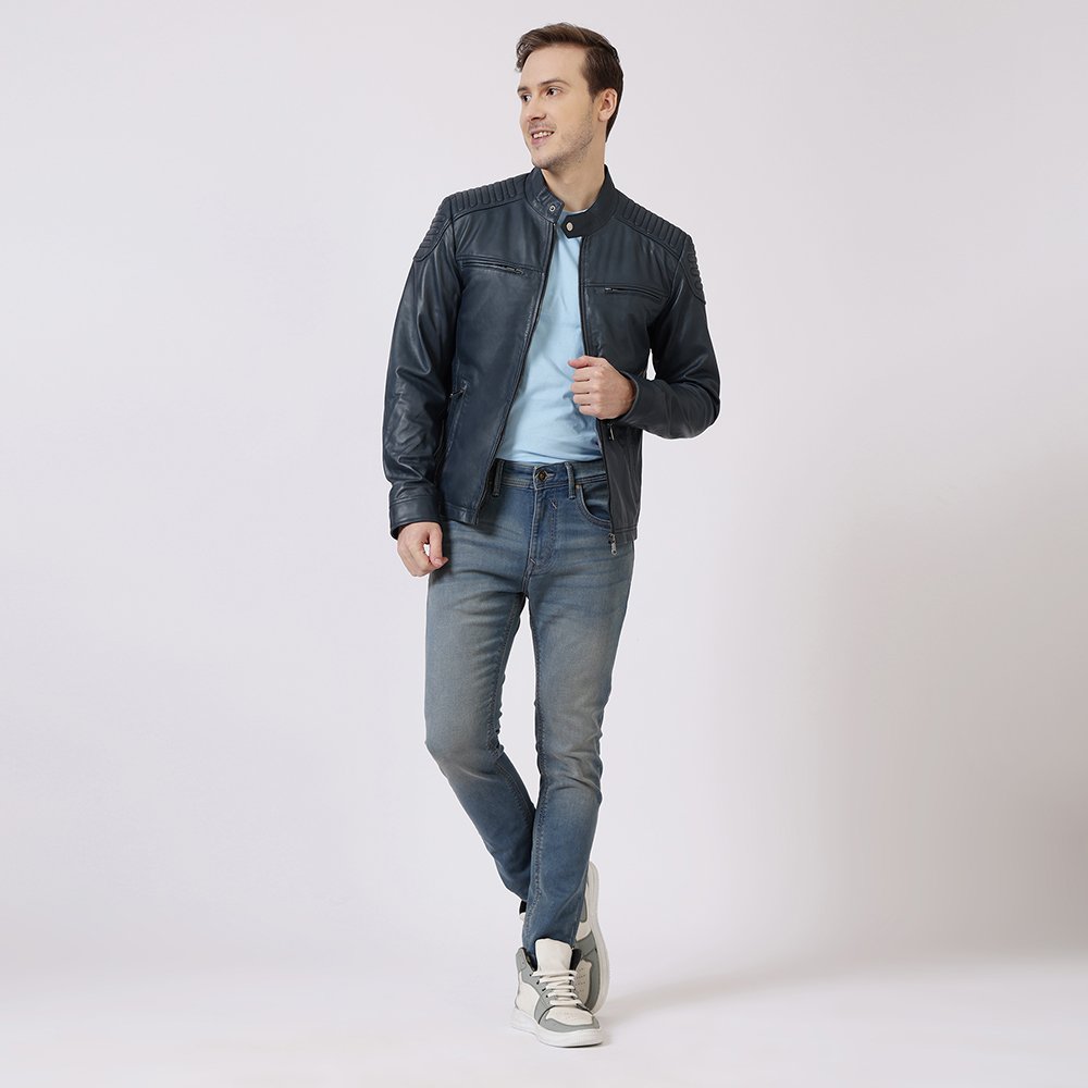Leather Biker Jacket Thomas Navy - PRIMEHIDE Leather