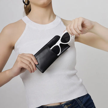 Person holding Black Leather Glasses Case