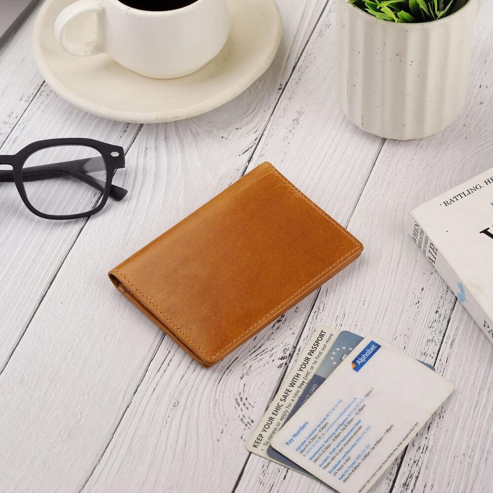 Front view of Tan leather wallet