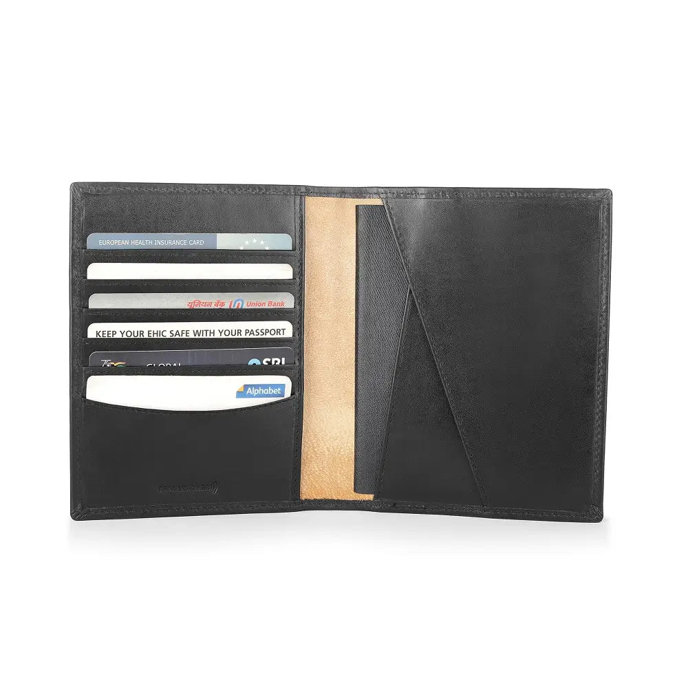 Black leather wallet with card slots and a pocket on a white background